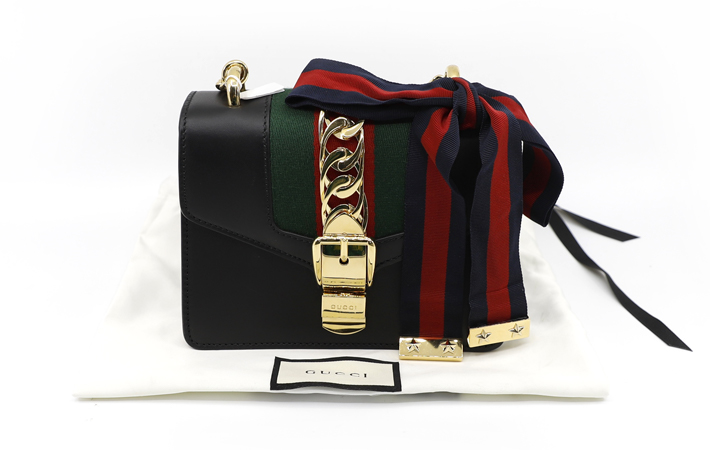 9新 gucci 古驰 gucci女包 sylvie系列黑色牛皮罗缎织带蝴蝶结女士单