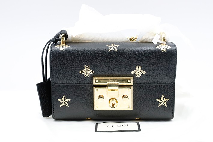 95新 古驰 女士padlock系列黑色牛皮蜜蜂星星图案小号肩背包 432182